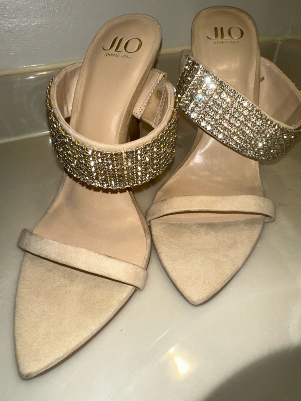 Jennifer Lopez Nude Crystal-Strap Pointed-Toe Heels